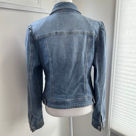 Boston Proper Medium Denim Blue Jean Jacket Floral Embroidered Cotton Stretch - Picture 5 of 7